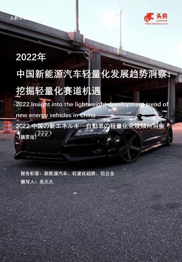 2022年中国新能源汽车轻量化发展趋势洞察：挖掘轻量化赛道机遇（摘要版） 头豹研究院 2022-03-31 附下载