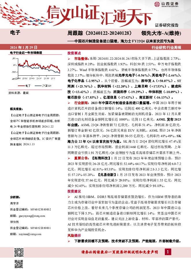 电子周跟踪：中国芯片制造设备进口猛增，海力士FY22Q4以来首次扭亏为盈 山西证券 2024-01-29（21页） 附下载