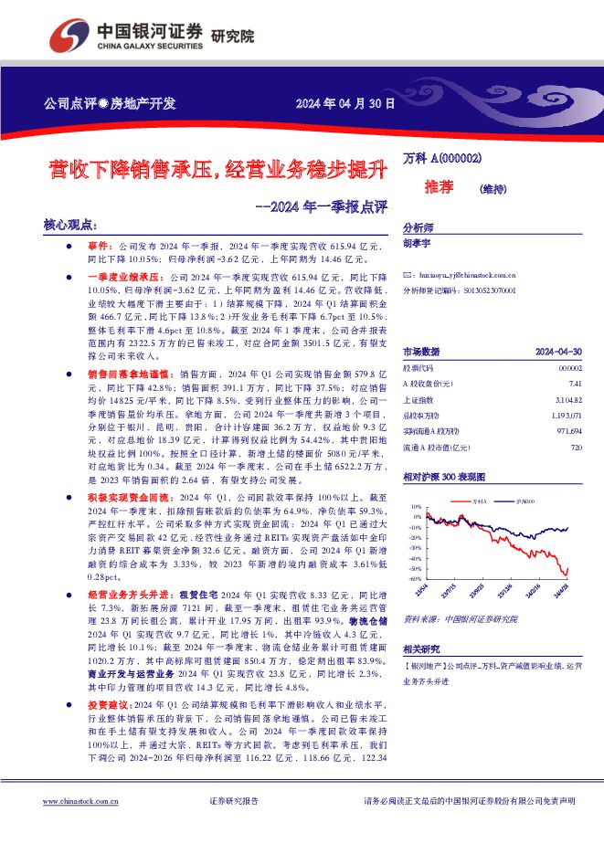 万科A 2024年一季报点评：营收下降销售承压，经营业务稳步提升 中国银河 2024-05-01（4页） 附下载