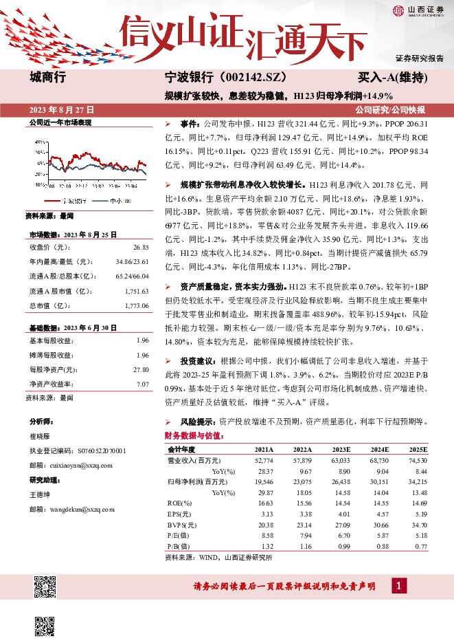 宁波银行 规模扩张较快，息差较为稳健，H123归母净利润+14.9% 山西证券 2023-08-28（4页） 附下载