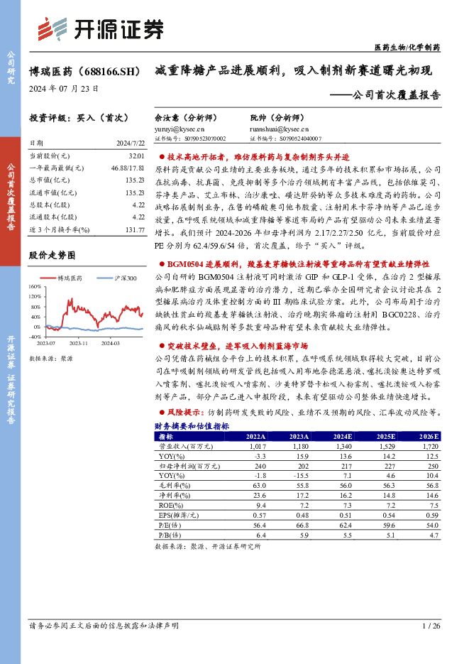 博瑞医药 公司首次覆盖报告：减重降糖产品进展顺利，吸入制剂新赛道曙光初现 开源证券 2024-07-23（26页） 附下载