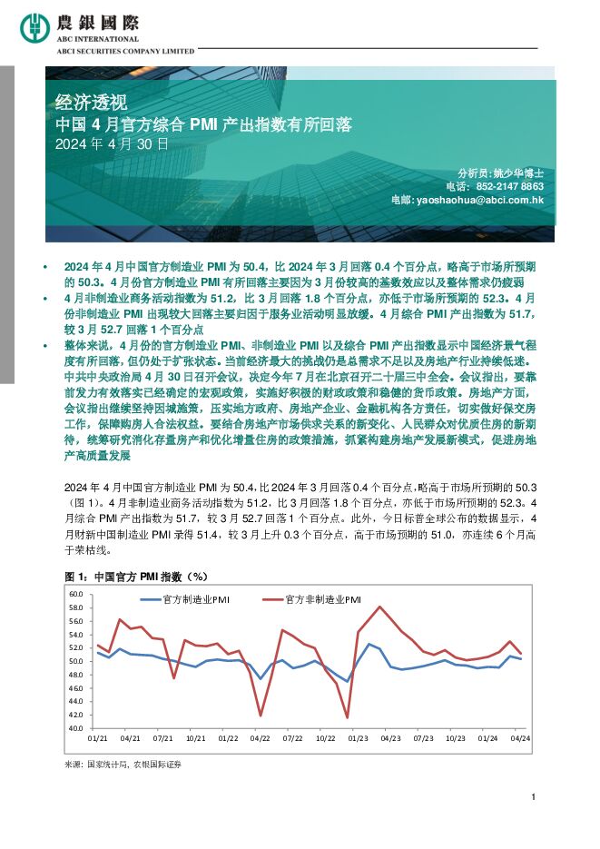 经济透视：中国4月官方综合PMI产出指数有所回落 农银国际证券 2024-05-06（3页） 附下载