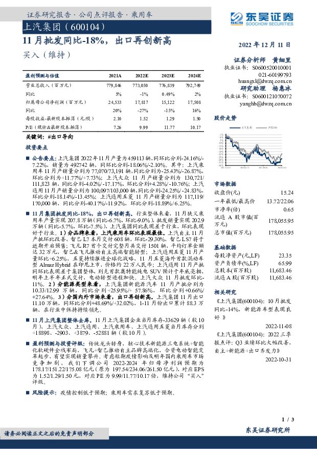 上汽集团 11月批发同比-18%，出口再创新高 东吴证券 2022-12-12 附下载