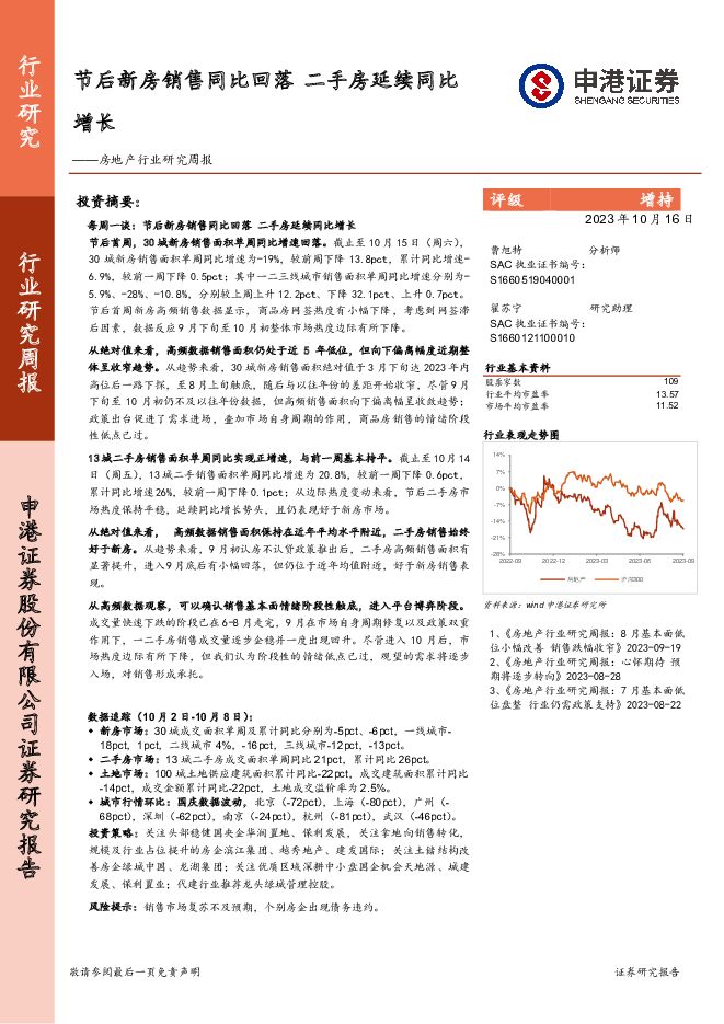 房地产行业研究周报：节后新房销售同比回落 二手房延续同比增长 申港证券 2023-10-17（12页） 附下载