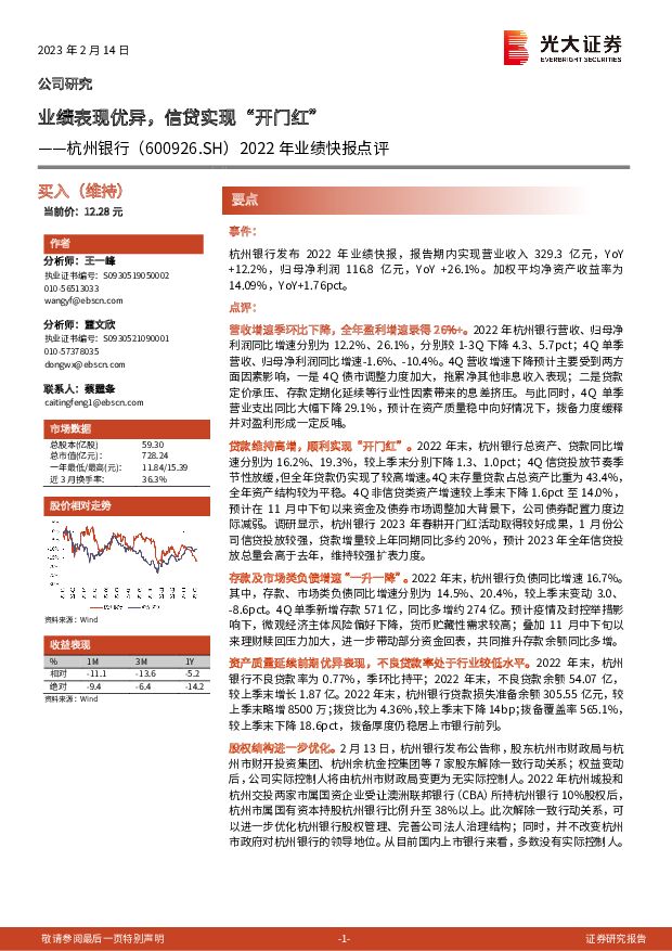 杭州银行 2022年业绩快报点评：业绩表现优异，信贷实现“开门红” 光大证券 2023-02-15 附下载