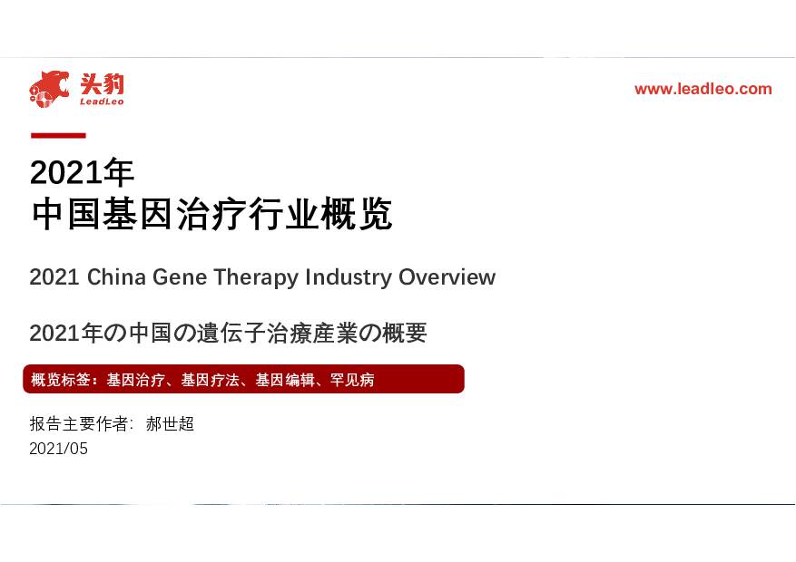2021年中国基因治疗行业概览 头豹研究院 2021-05-28