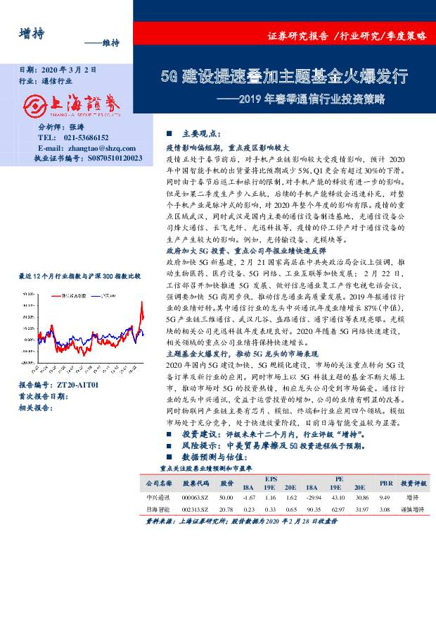 2019年春季通信行业投资策略：5G建设提速叠加主题基金火爆发行 上海证券 2020-03-02