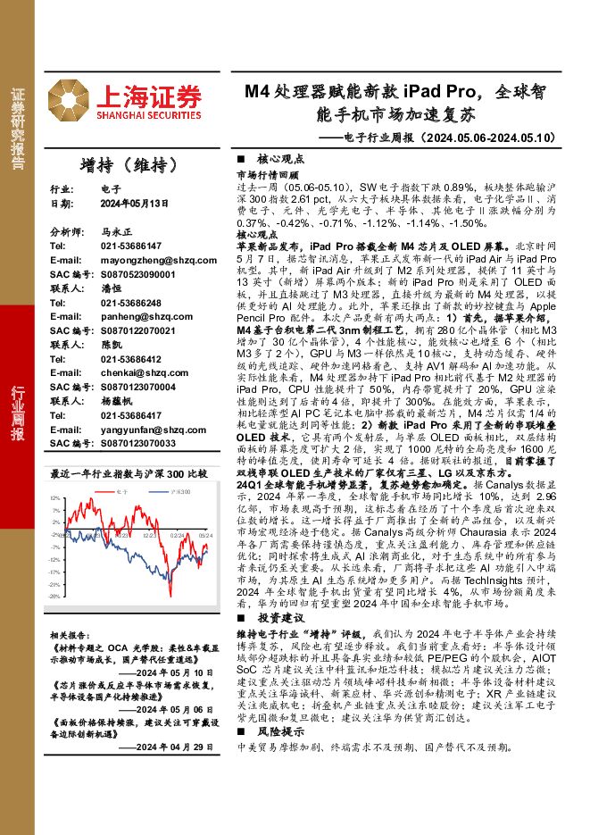 电子行业周报：M4处理器赋能新款iPad Pro，全球智能手机市场加速复苏 上海证券 2024-05-14（9页） 附下载