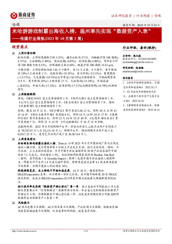 传媒行业周报（2023年10月第3周）：米哈游游戏制霸出海收入榜，温州率先实现“数据资产入表”浙商证券2023-10-23 附下载
