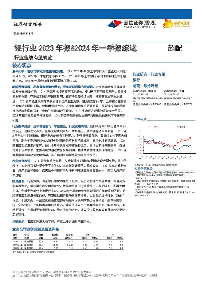 银行业2023年报&2024年一季报综述：行业业绩有望筑底 国信证券(香港) 2024-05-07（20页） 附下载