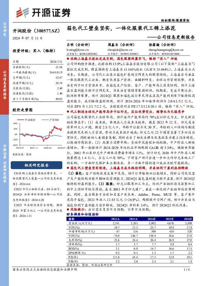 开润股份 公司信息更新报告：箱包代工壁垒坚实，一体化服装代工锦上添花 开源证券 2024-07-11（4页） 附下载