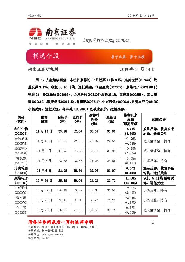 精选个股 南京证券 2019-11-14