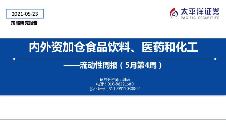 流动性周报（5月第4周）：内外资加仓食品饮料、医药和化工 太平洋 2021-05-24