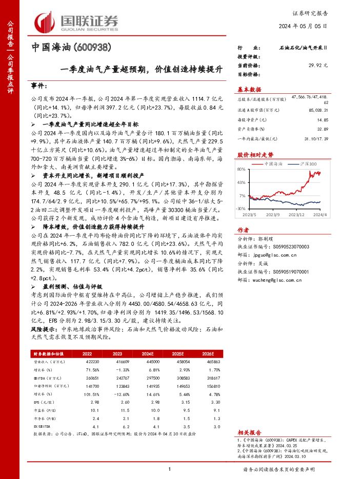 中国海油 一季度油气产量超预期，价值创造持续提升 国联证券 2024-05-05（3页） 附下载