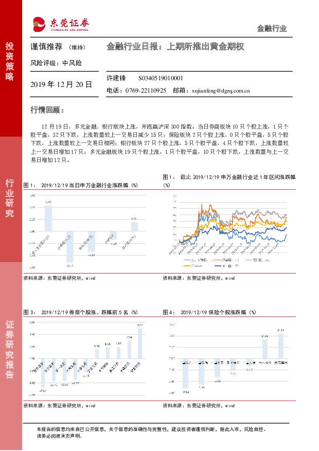金融行业日报：上期所推出黄金期权 东莞证券 2019-12-20
