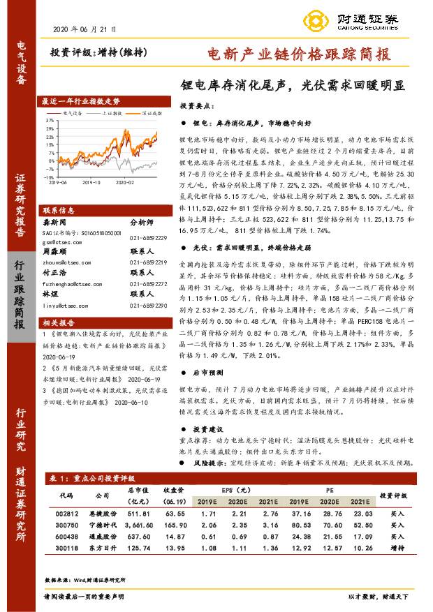 电新产业链价格跟踪简报：锂电库存消化尾声，光伏需求回暖明显 财通证券 2020-06-30