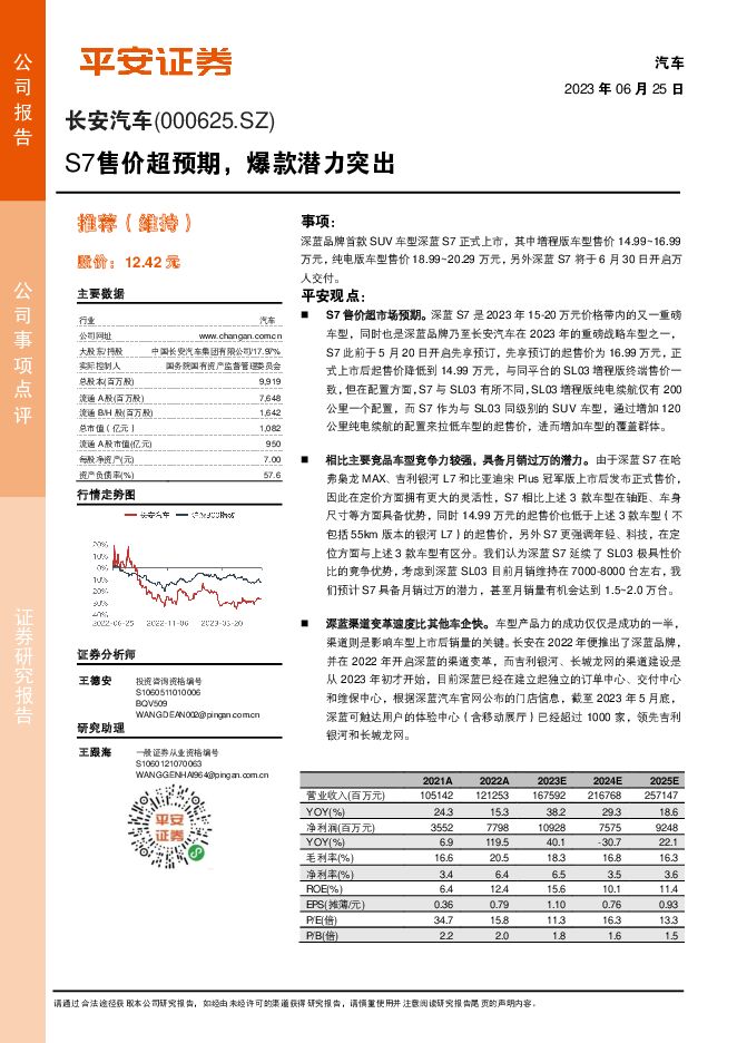 长安汽车 S7售价超预期，爆款潜力突出 平安证券 2023-06-26（4页） 附下载