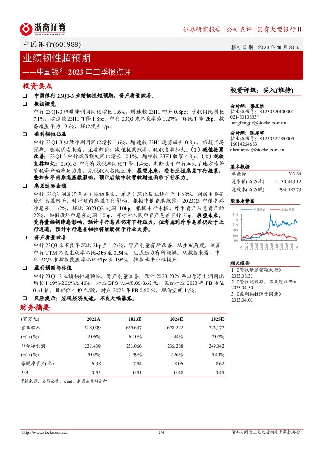 中国银行 中国银行2023年三季报点评：业绩韧性超预期 浙商证券 2023-10-30（4页） 附下载