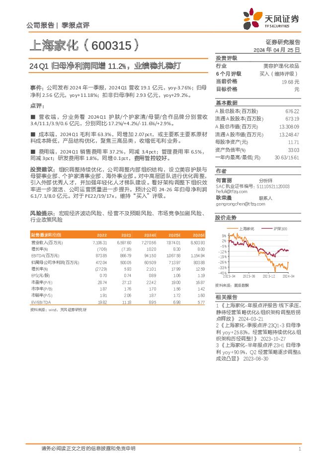 上海家化 24Q1归母净利润同增11.2%，业绩稳扎稳打 天风证券 2024-04-25（3页） 附下载
