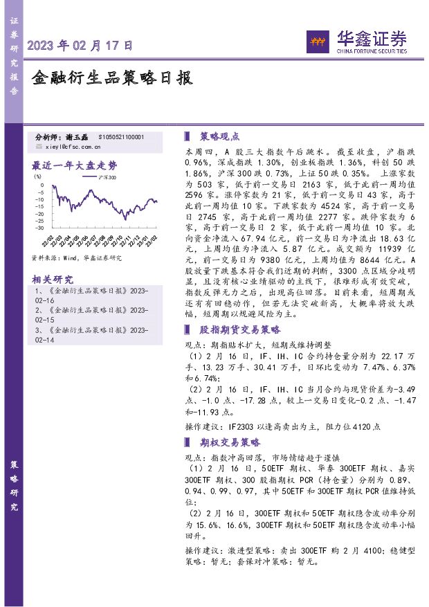 金融衍生品策略日报 华鑫证券 2023-02-17 附下载