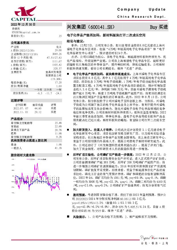 兴发集团 电子化学品产能再加码，新材料版块打开二次成长空间 群益证券 2022-12-30 附下载