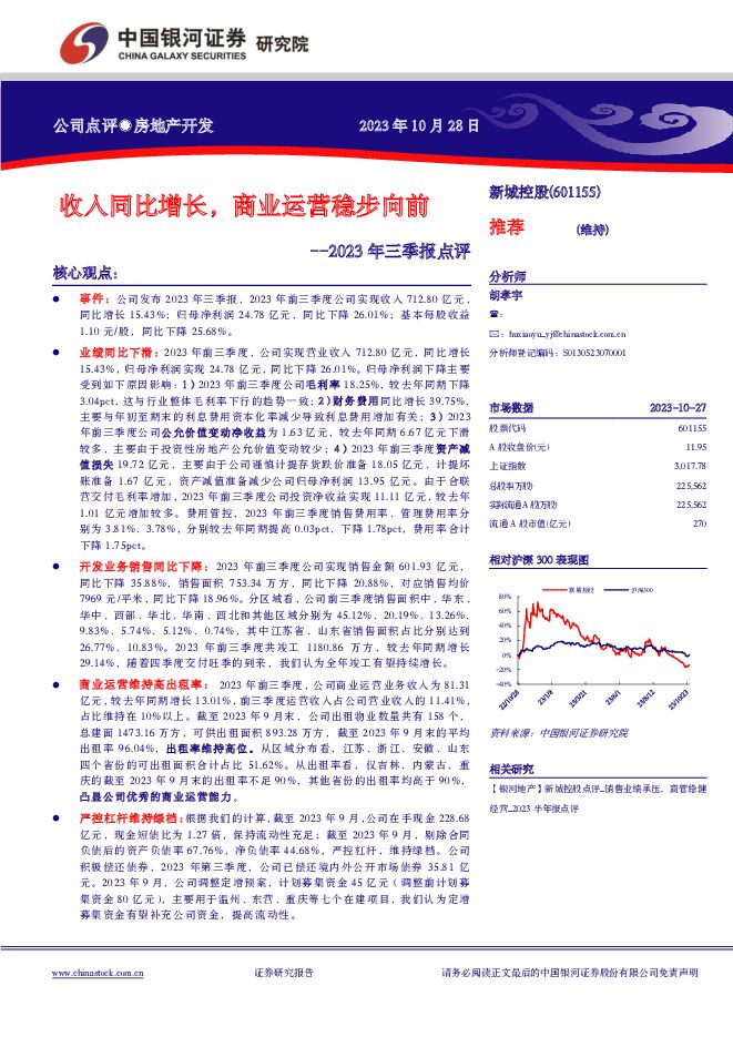 新城控股 2023年三季报点评：收入同比增长，商业运营稳步向前 中国银河 2023-10-29（4页） 附下载