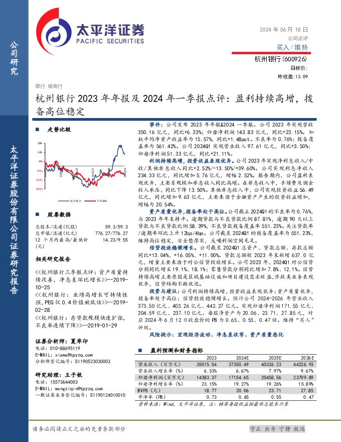 杭州银行 杭州银行2023年年报及2024年一季报点评：盈利持续高增，拨备高位稳定 太平洋 2024-06-19（3页） 附下载