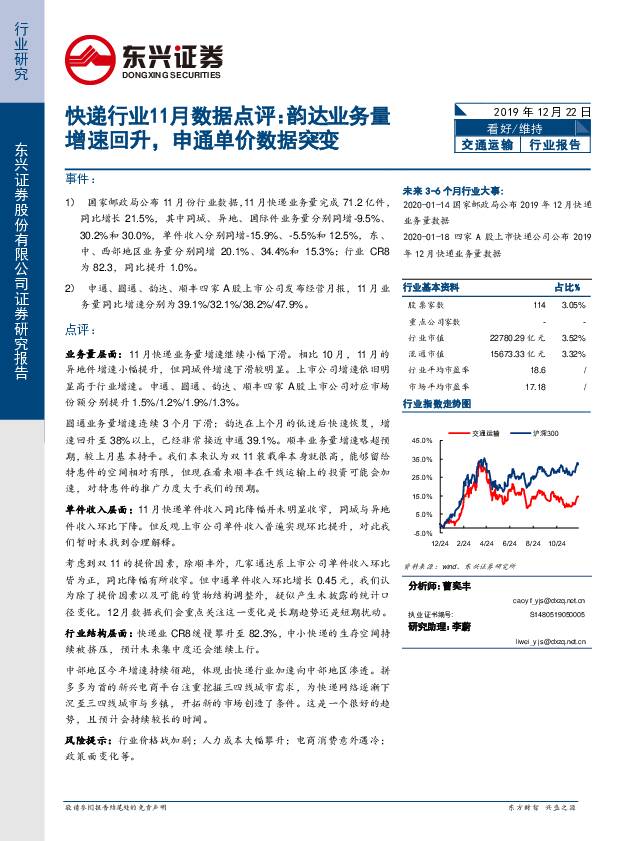 11月快递数据点评：韵达业务量增速回升，申通单价数据突变 东兴证券 2019-12-23