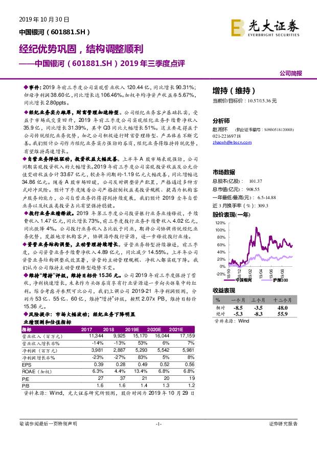 中国银河 2019年三季度点评：经纪优势巩固，结构调整顺利 光大证券 2019-10-30