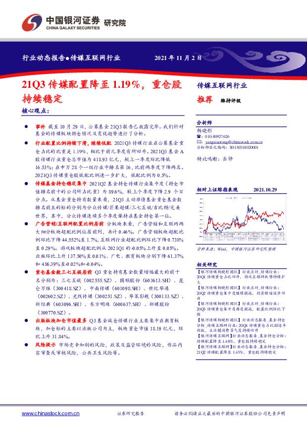 传媒互联网行业动态报告：21Q3传媒配置降至1.19%，重仓股持续稳定 中国银河 2021-11-02
