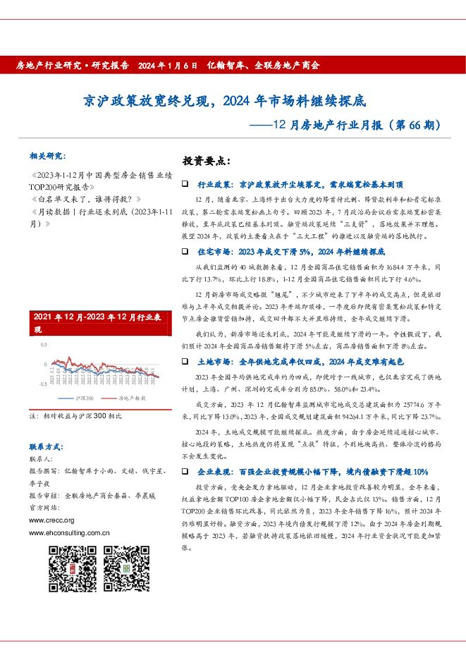 12月房地产行业月报（第66期）：京沪政策放宽终兑现，2024年市场料继续探底 亿翰智库 2024-01-08（19页） 附下载