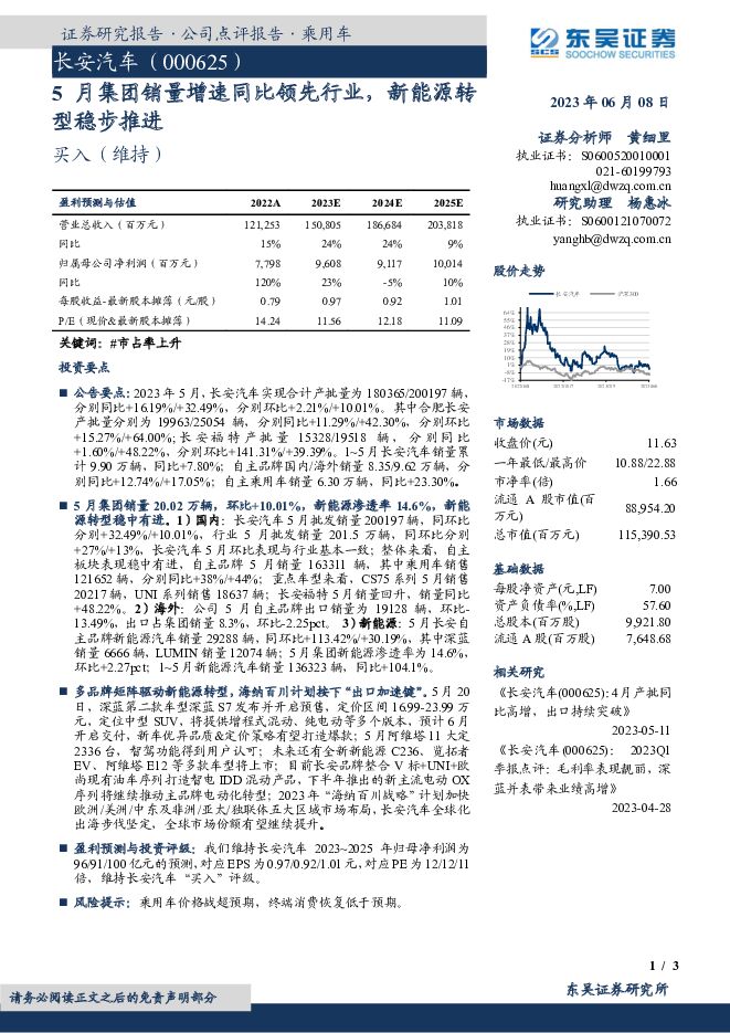 长安汽车 5月集团销量增速同比领先行业，新能源转型稳步推进 东吴证券 2023-06-08（3页） 附下载