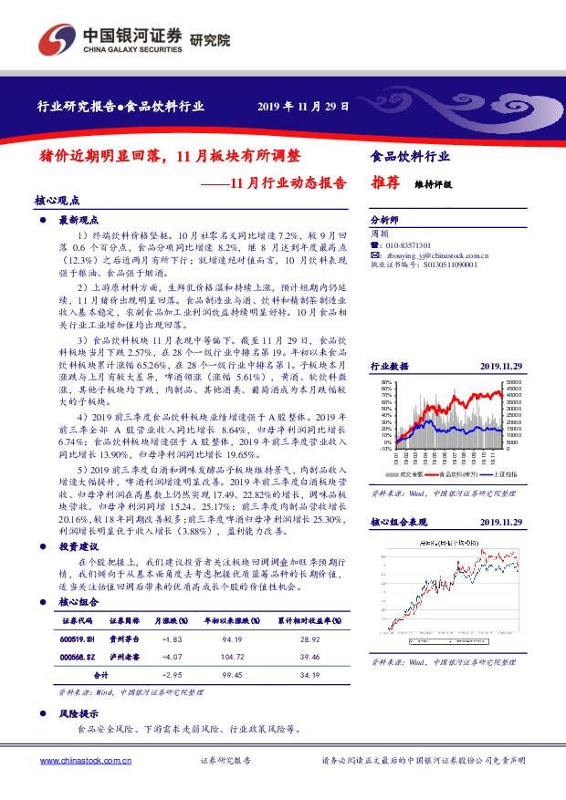 食品饮料11月行业动态报告：猪价近期明显回落，11月板块有所调整 中国银河 2019-12-09