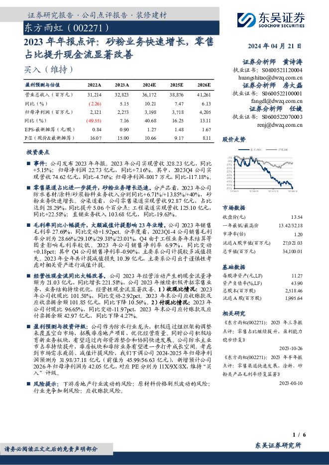 东方雨虹 2023年年报点评：砂粉业务快速增长，零售占比提升现金流显著改善 东吴证券 2024-04-21（6页） 附下载