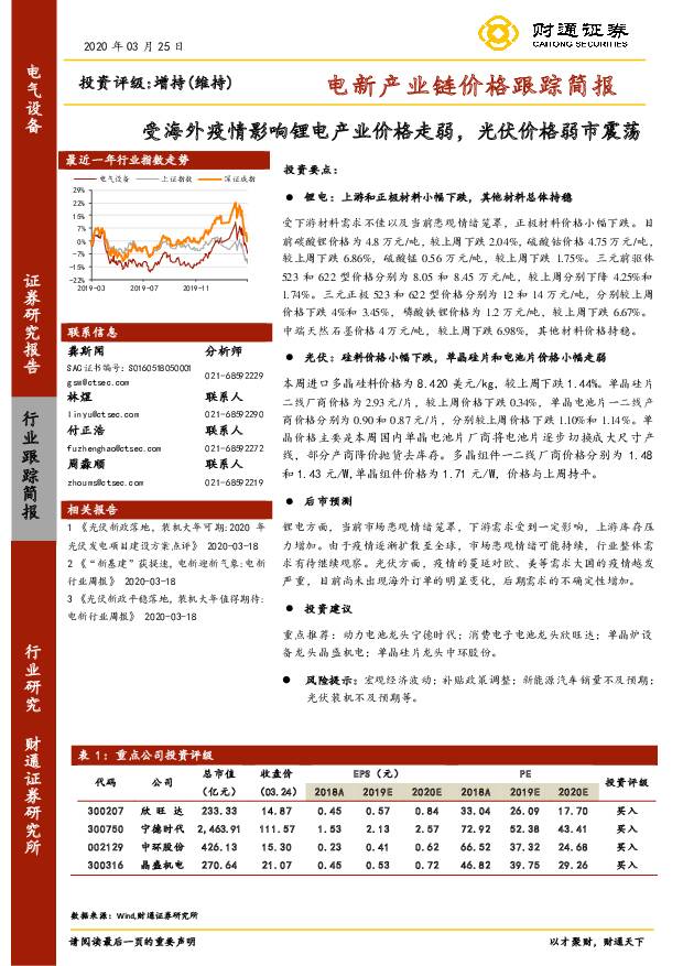 电新产业链价格跟踪简报：受海外疫情影响锂电产业价格走弱，光伏价格弱市震荡 财通证券 2020-03-25