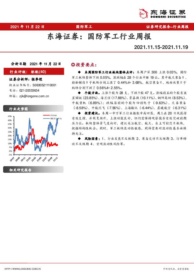 国防军工行业周报 东海证券 2021-11-24