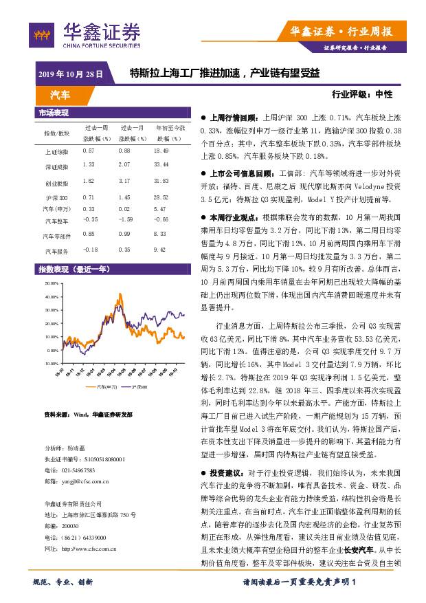 汽车行业周报：特斯拉上海工厂推进加速，产业链有望受益 华鑫证券 2019-10-28