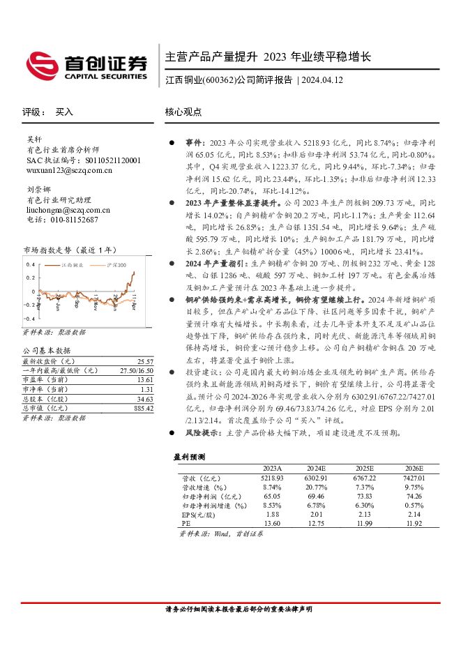 江西铜业 公司简评报告：主营产品产量提升，2023年业绩平稳增长 首创证券 2024-04-14（3页） 附下载
