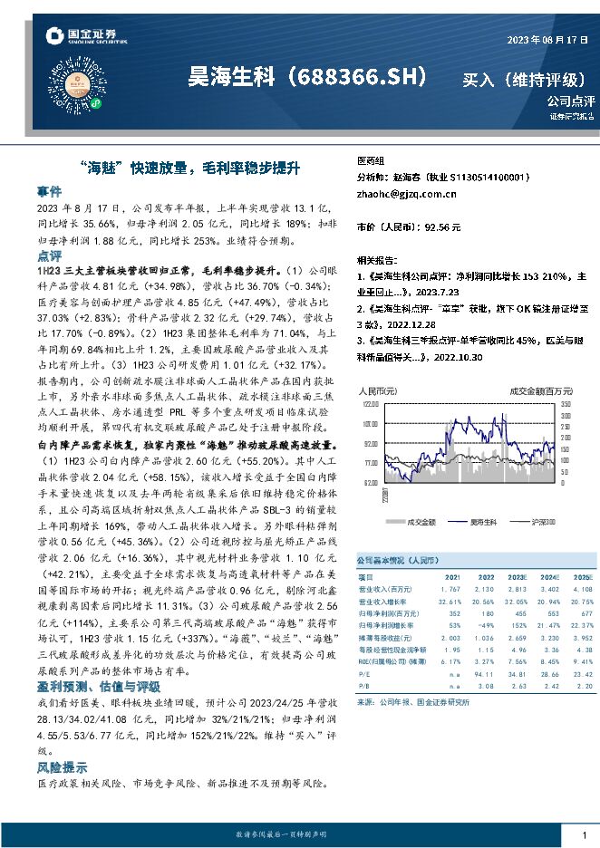 昊海生科 “海魅”快速放量，毛利率稳步提升 国金证券 2023-08-18（4页） 附下载