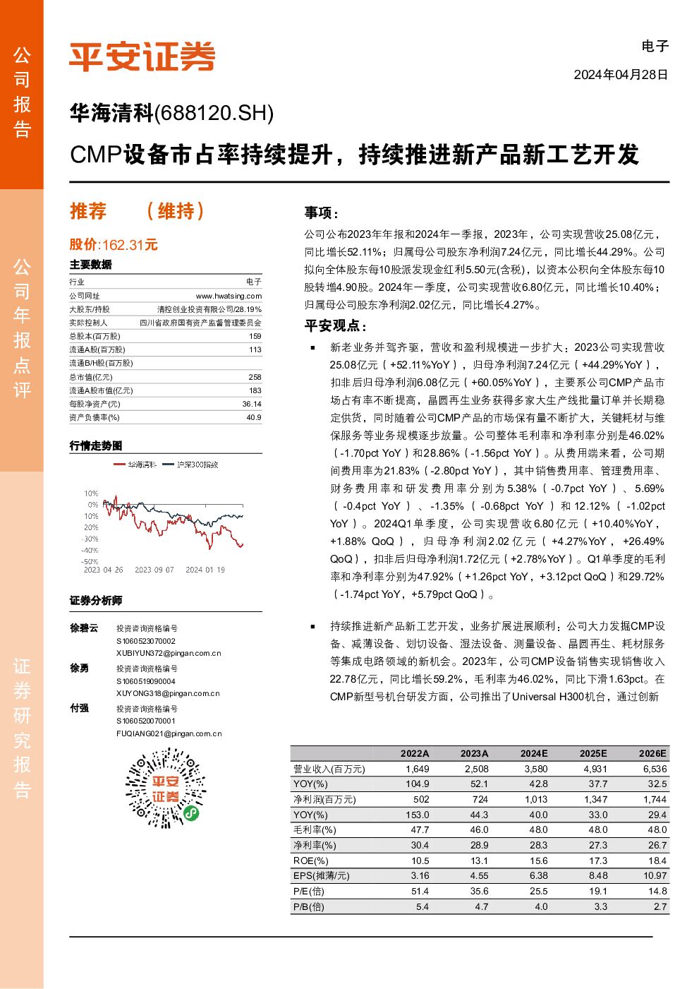 华海清科 CMP设备市占率持续提升，持续推进新产品新工艺开发 平安证券 2024-04-29（4页） 附下载