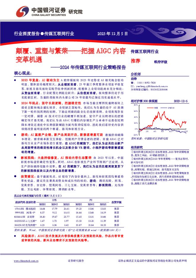 2024年传媒互联网行业策略报告：颠覆、重塑与繁荣——把握AIGC内容 中国银河 2023-12-08（37页） 附下载