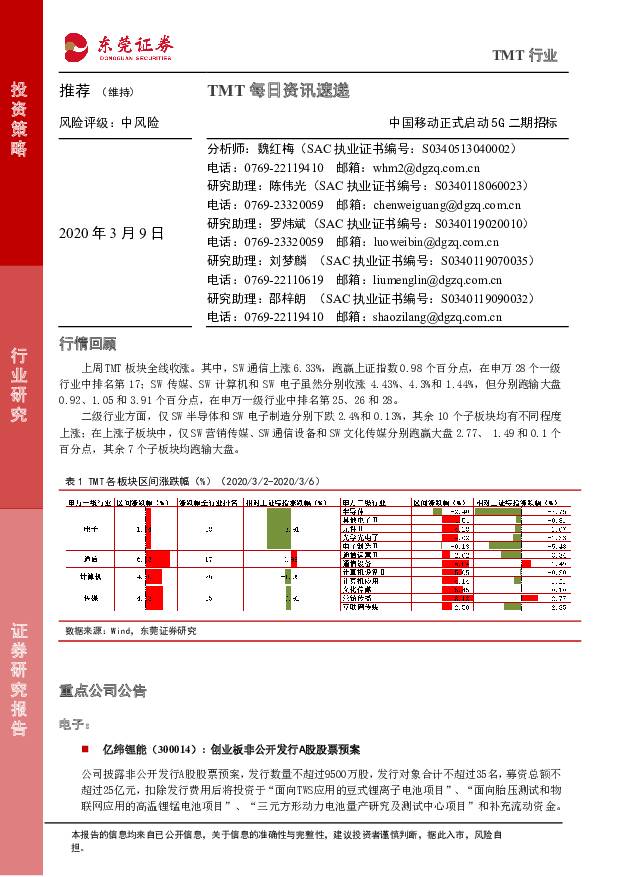 TMT每日资讯速递：中国移动正式启动5G二期招标 东莞证券 2020-03-09