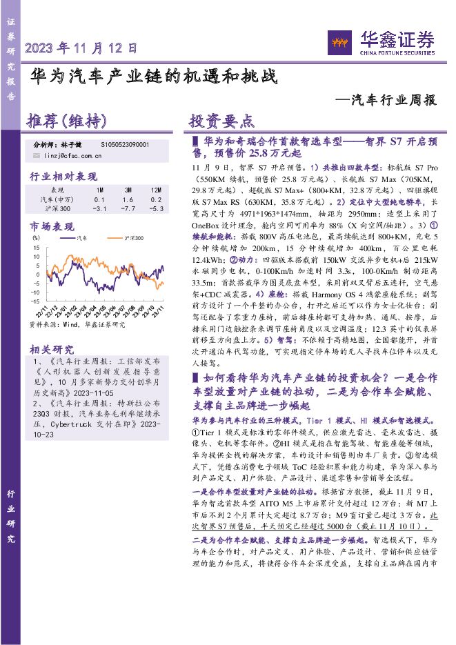 汽车行业周报：华为汽车产业链的机遇和挑战 华鑫证券 2023-11-13（12页） 附下载