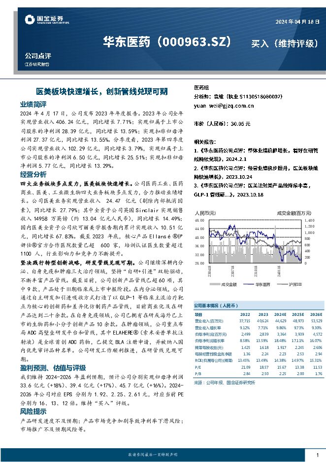 华东医药 医美板块快速增长，创新管线兑现可期 国金证券 2024-04-18（4页） 附下载