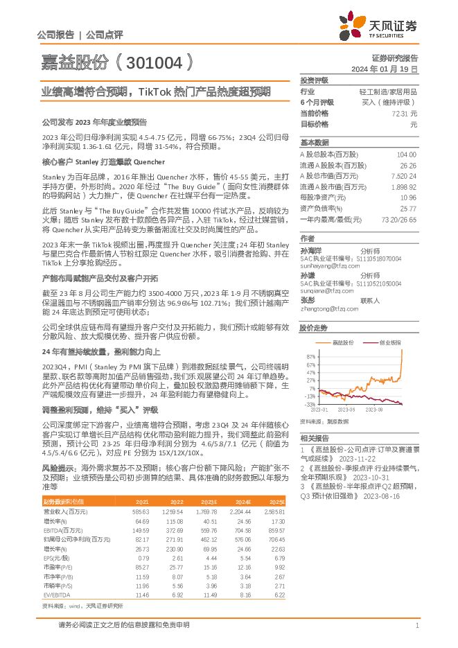 嘉益股份 业绩高增符合预期，TikTok热门产品热度超预期 天风证券 2024-01-19（3页） 附下载