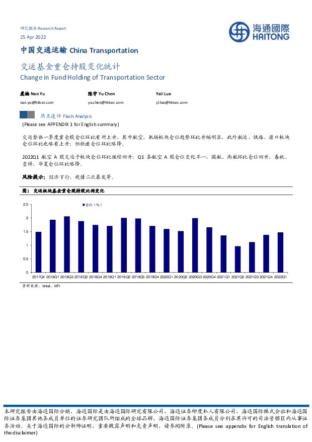 中国交通运输：交运基金重仓持股变化统计 海通国际 2022-04-26 附下载