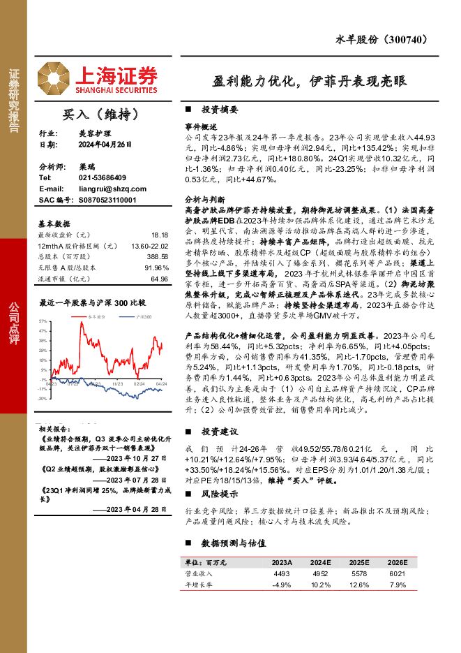 水羊股份 盈利能力优化，伊菲丹表现亮眼 上海证券 2024-04-28（4页） 附下载