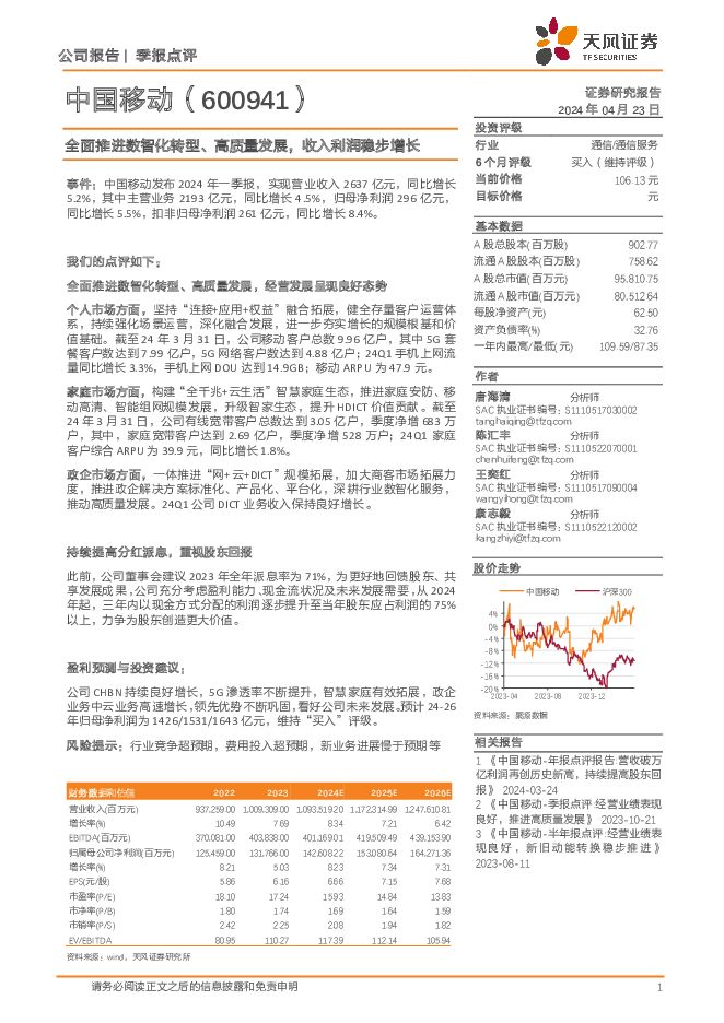 中国移动 全面推进数智化转型、高质量发展，收入利润稳步增长 天风证券 2024-04-23（3页） 附下载