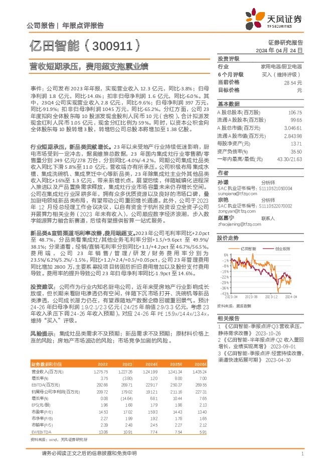亿田智能 营收短期承压，费用超支拖累业绩 天风证券 2024-04-24（3页） 附下载