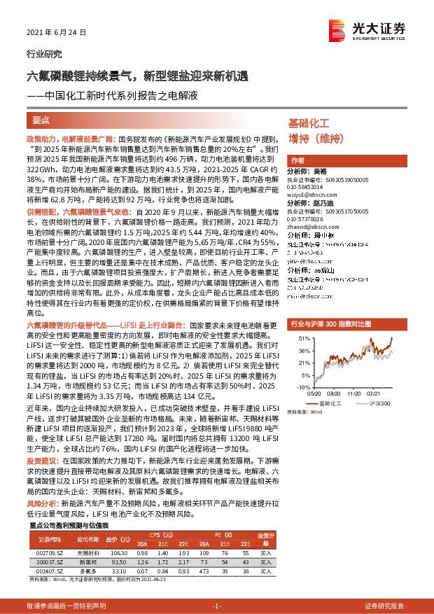 中国化工新时代系列报告之电解液：六氟磷酸锂持续景气，新型锂盐迎来新机遇 光大证券 2021-06-24